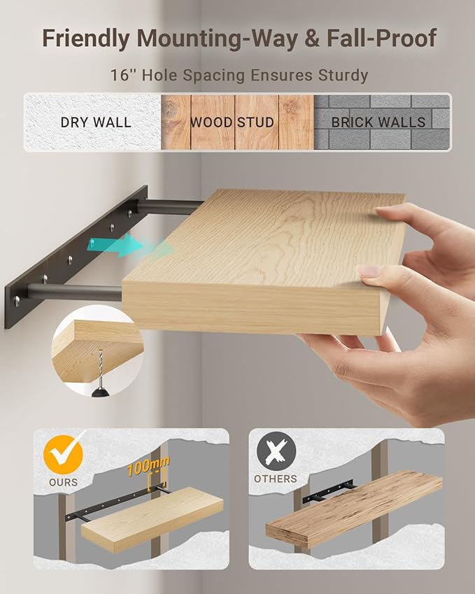 White Oak Floating Shelf for Wall, 2 Inch Thick Wood Floating Shelves Wall Mounted, 36" Long Shelves for Kitchen Bedroom Living Room,8" Deep Floating Book Shelves Set of 2, 50LB Capacity