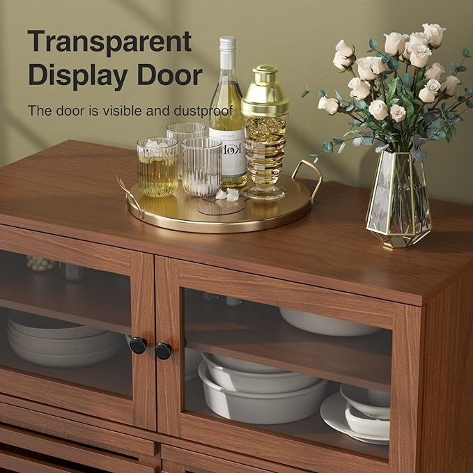 Vabches Buffet Cabinet with Storage, 51" Tall Mid Century Modern Sideboard Coffee Bar Cabinet with Grille Doors & Adjustable Shelves for Kitchen, Dining Room, Living Room, Walnut