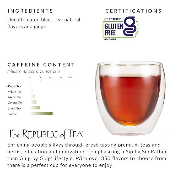 The Republic of Tea Decaf Ginger Peach Black Tea, Tin of 50 Bags
