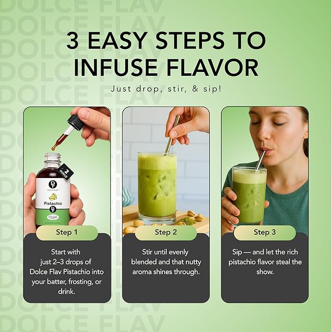 Dolce Flav Pistachio Extract – 8 Ounce Water-Soluble Kosher, Sugar-Free, Concentrated Nutty Pistachio Flavor for Baking, Ice Cream & Pastries, Includes Measured Dropper