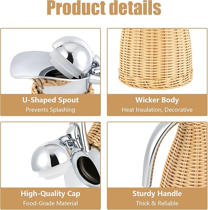 Stainless Steel Coffee Thermal Carafe, 50 Oz/1.5 L Woven Rattan Insulated Coffee Carafe Double Walled Vacuum Insualted 20 Hour Heat Cold Retention (Natural)