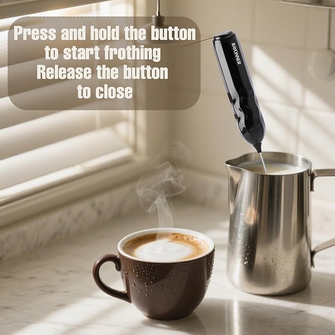 RAYONNER Milk Frother Handheld Fast Powerful Drink Mixer with Stainless Steel Whisk for Coffee, Battery Operated (Black)