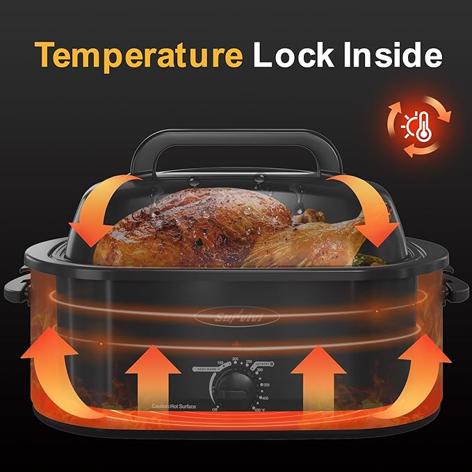 Sunvivi 24 Quart Electric Roaster Oven Turkey Roaster with Lid Electric Roasters with Removable Pan Large Roaster,Visible & Self-basting Lid, Fast Heating & Thaw/warming Setting,Black