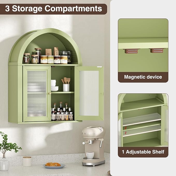 Bathroom Wall Cabinet, Arched Cabinet Wall Mount, 2 Acrylic Doors, 1 Adjustable and Removable Shelf, for Laundry Room, Living Room, Restroom, Kitchen, Green