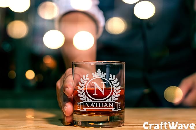Personalized Whiskey Glass for Men, Custom Engraved Name & Initial Rocks Glasses, 11oz, Barware for Men, Father’s Day Gifts - Set of 2