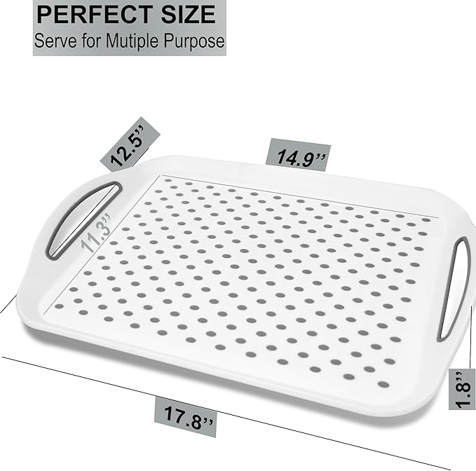 Large Nonslip Serving Tray with Handles, Silicone Grippy Dots Lap Food Trays for Eating, Dishwasher Safe Serve for Breakfast Dinner Snack Fruit Appetizers Beverage, Rectangular, Set of 2, White