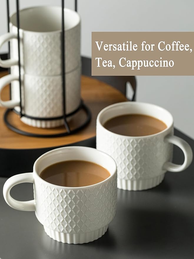 Gomakren Stackable Coffee Mugs Set with Stand, Coffe Cup with Tea Spoon 13 Ounce Christmas Cups for Cappuccino Coffee Drinks Tea, Set of 4, White Gift for Man Women 380ml