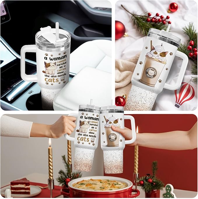 34HD Cat Lady Tumbler with Lid & Straw, 40oz Stainless Steel Vacuum Insulated Coffee Mug with Cats, Cute Kitty Gifts for Her Women, Cat Mom Gifts for Birthday Mothers Day Christmas