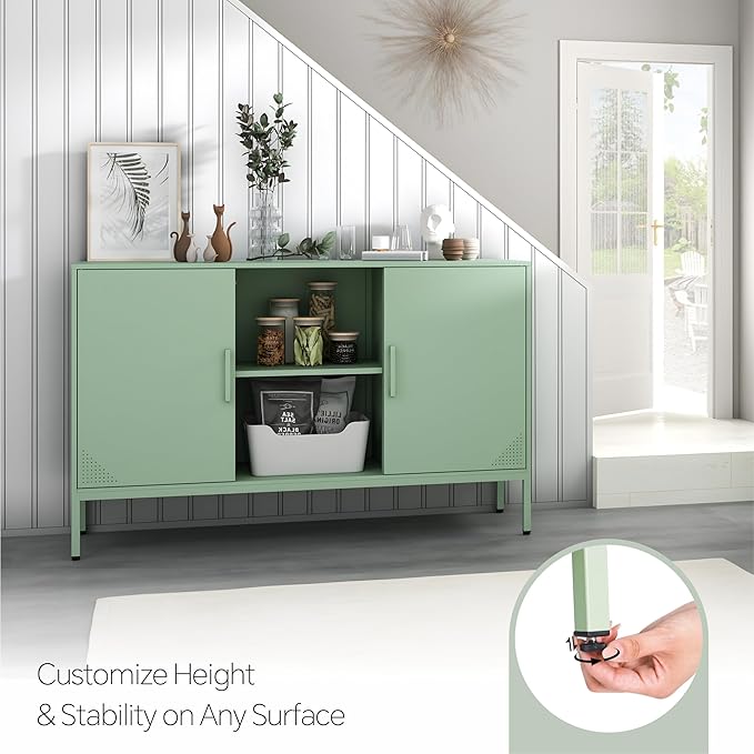Metal TV Stand for 65 Inch TV, Metal Storage Cabinet Sideboard Buffet Cabinet Coffee Bar 2 Door Locker Pantry for Office Home Kitchen (Green, 47.24" D x 13.78" W x 29.53" H)