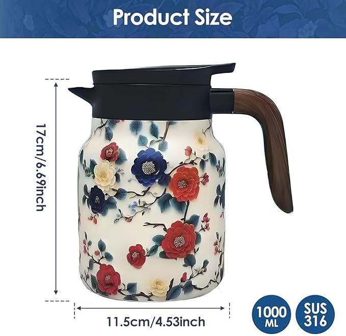 Vintage Pattern Coffee Carafes, 35 Oz/1 Liter - Hot and Cold with Infuser, Perfect for Parties/Home Use (Plum Flower)