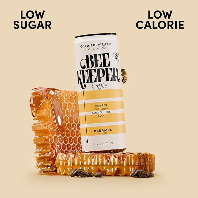 Beekeeper Caramel Cold Brew Coffee Drinks with Oregon Honey | 12 Pack Refreshing Iced Coffee - Unsweetened & Strong Arabica Brew, 8 fl oz Ready-to-Drink Can - 180mg Natural Caffeine