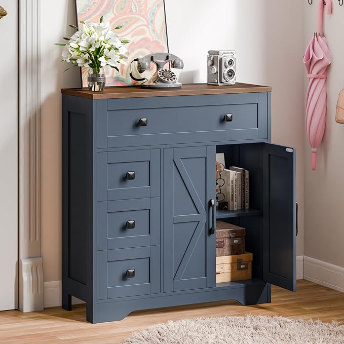 Vabches Farmhouse Storage Cabinet with 2 Doors and 4 Drawers, Freestanding Bathroom Storage Cabinet Kitchen Pantry, Floor Hutch Cupboard for Living Room/Bathroom/Kitchen,Blue