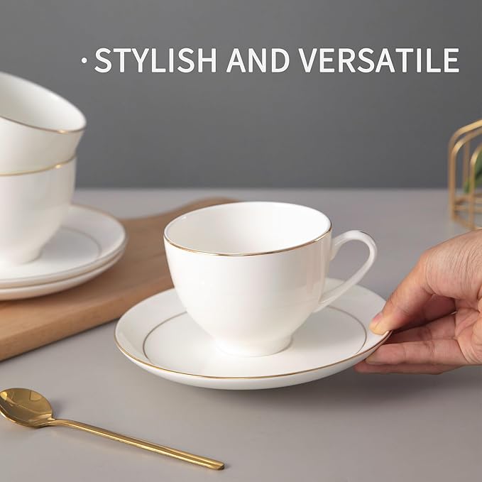 Bone China Tea Cups and Saucers Set (7 oz, Set of 4) – White Luxury Fine Porcelain Mugs for Tea, Coffee, Latte Art, Barista Use, Elegant Gifting
