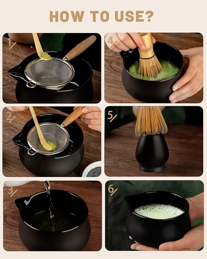 Nucookery Matcha Whisk Set - 5 Pcs Matcha Set with 18oz Ceramic Matcha Bowl (Chawan) with Spout, Bamboo Whisk & Holder, Scoop and Sifter | Complete Matcha Kit for Japanese Tea Ceremony (Black)