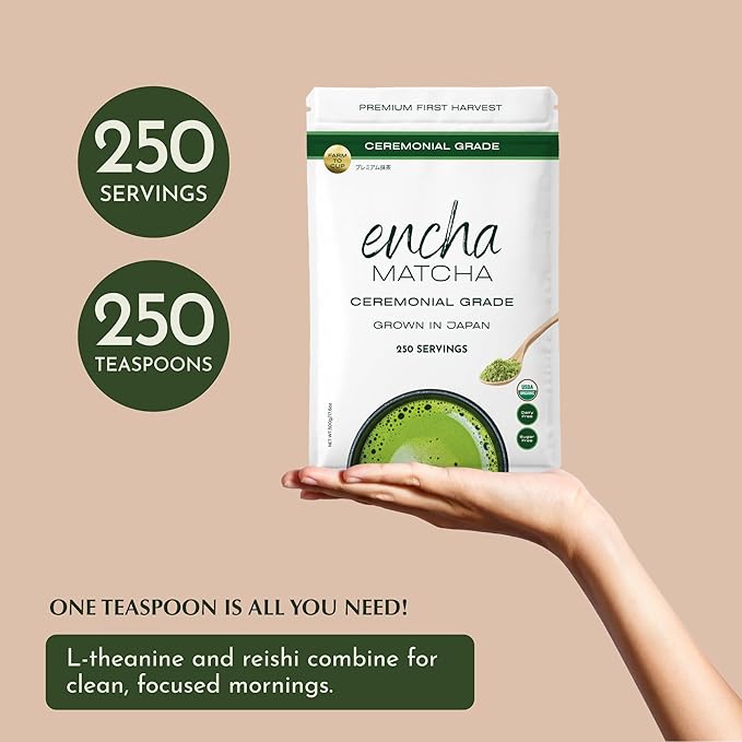 Encha Latte Grade Matcha Powder - First Harvest Organic Unsweetened Matcha Green Tea, From Uji, Japan (500g / 1lb) Premium Powder for matcha Latte, Smoothie | Caffeine, L-Theanine