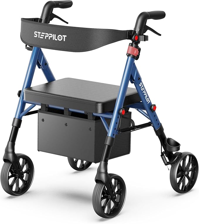 Foldable Aluminum Rollator Walkers with Cushion Seat for Senior, 16lbs Lightweight & 500 lbs Max Load, Adjustable 5-Level Seat Height & 6-Level Handles Height,8" Big Wheels,Dual Braking, Storage Bag