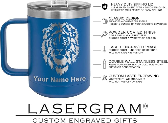 LaserGram 15oz Vacuum Insulated Coffee Mug, Sushi, Personalized Engraving Included (Dark Blue)
