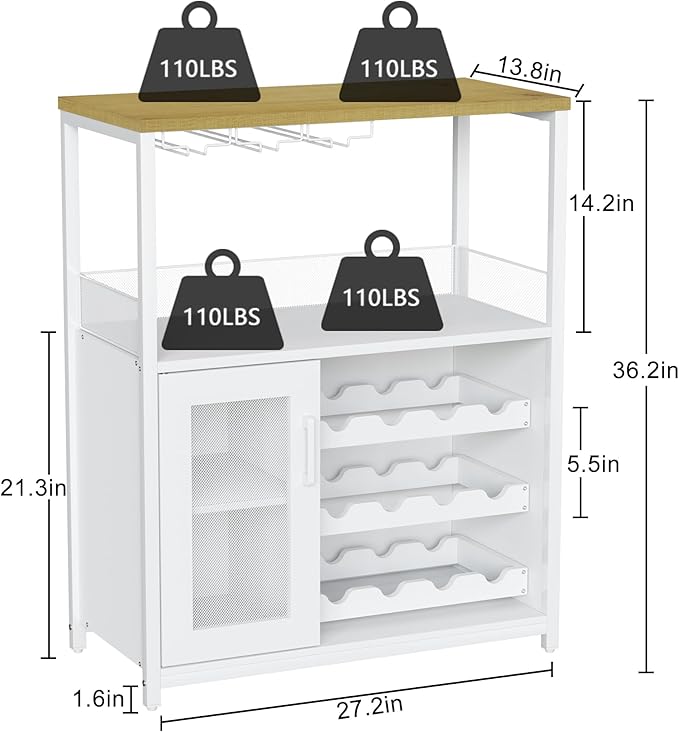 GarveeHome 3-Tier Wine Bar Cabinet with Detachable Wine Rack, Liquor Cabinet with Storage, Coffee Bar Cabinet with Glass Holder & Mesh Door, Sideboard Buffet Bar for Living Room, Dining Room, White