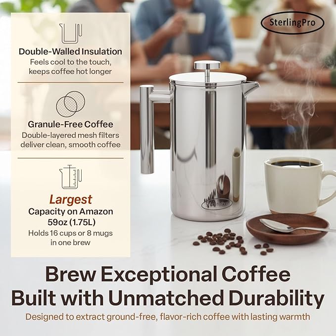Extra Large Insulated Metal French Press Coffee Maker 59 oz (1.75L), Large Capacity Stainless Steel Big French Press XL, Durable Insulated Mirror Coffee Maker with Double Walled Insulation, Mirror