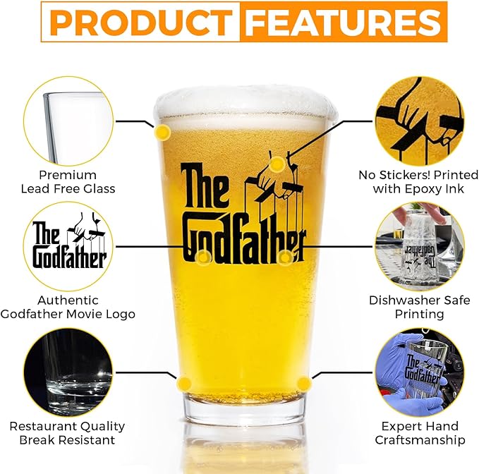 The Godfather Printed Pint Beer Glass - Officially Licensed, Premium Quality, Handcrafted Glassware, 16oz. Set of 4 - Perfect Collectible Gift for Movie Enthusiasts & Special Occasions
