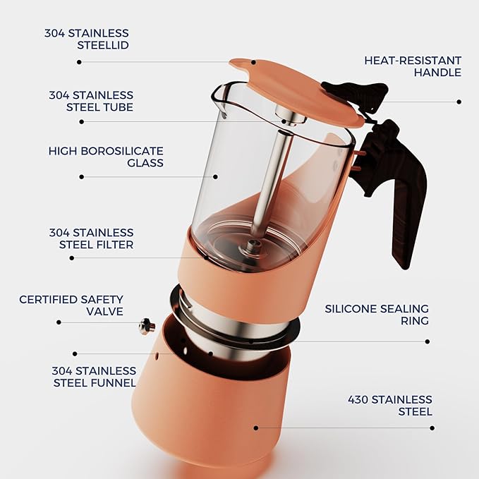 Glass Moka Pot for Stovetop & Induction - Italian Espresso Maker with Wood Handle & Leak-Proof Design - Comes with Induction Heat Diffuser Plate (6 Cup, Frosted 240ml)