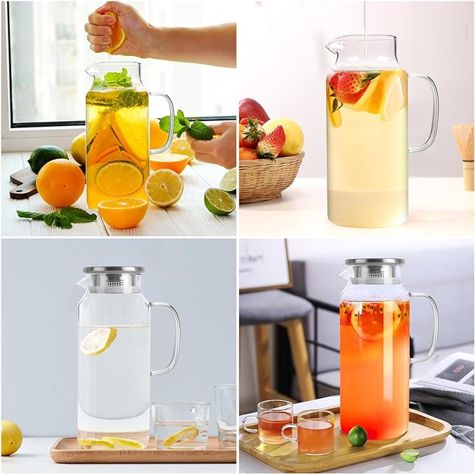 Yirilan Glass Pitcher, 2.3 Liter Beverage Pitcher with Lid for Hot & Cold Water, Iced Tea & Juice Drink - Includes Cup Brush