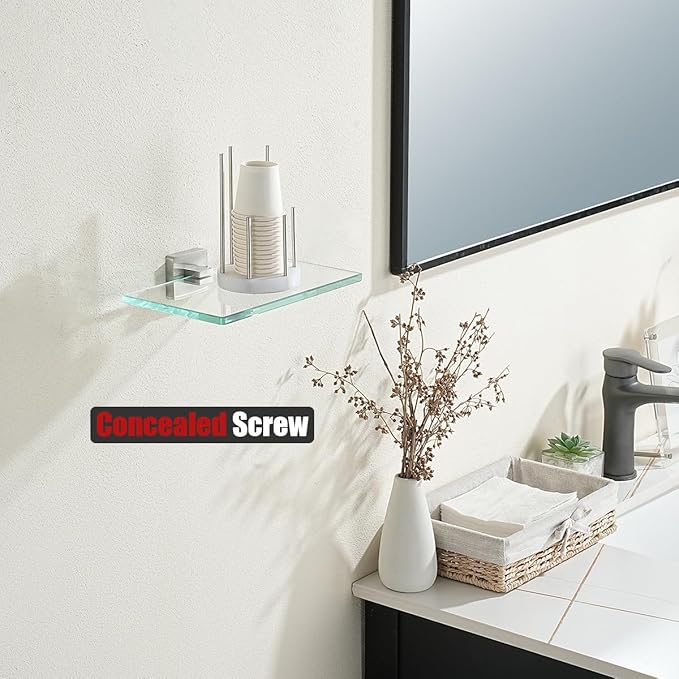 JQK Bathroom Glass Shelf, Tempered Glass Shower Storage 8 by 5 inches, 304 Stainless Steel Brushed Finish Wall Mount, TGS201L8-BN