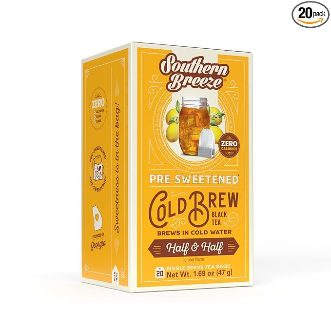 Southern Breeze Cold Brew Sweet Tea Half & Half Iced Tea with Black Tea and Zero Carbs Zero Sugar, 20 Individually Wrapped Tea Bags Southern Sweet Tea Iced Tea Beverage