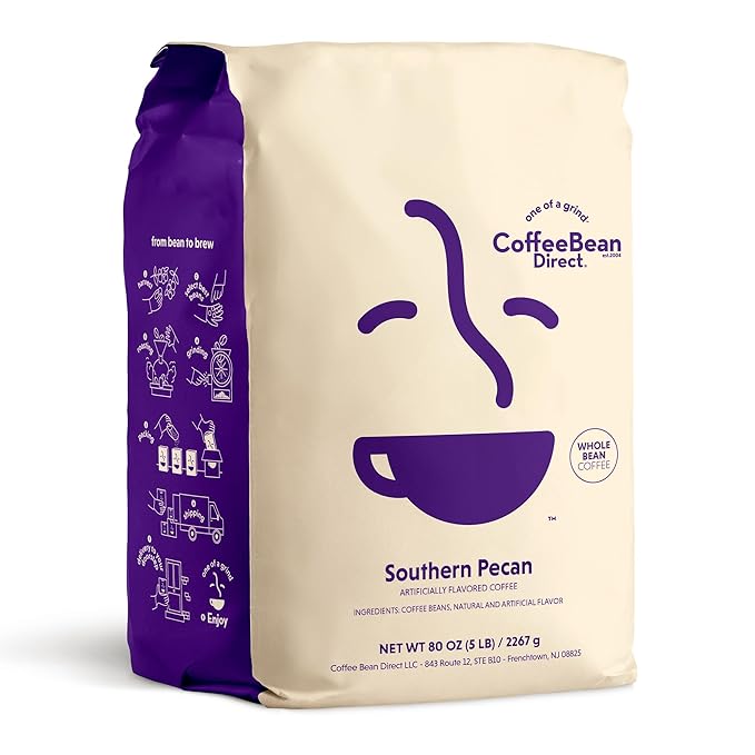 Coffee Bean Direct Southern Pecan Flavored, Whole Bean Coffee, 5 Pound Bag (Pack of 1)