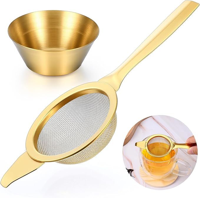 2.2" Matcha Sifter Strainer Tea Strainer 30 Fine Mesh Stainless Steel Fine Mesh Strainer Sieve Sifter with Handle Sieve Sifters Strainers with Base for Loose Tea Coffee Cocktail (Gold)