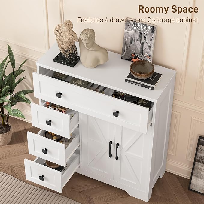 Vabches Farmhouse Storage Cabinet with 2 Doors and 4 Drawers, Freestanding Bathroom Storage Cabinet Kitchen Pantry, Floor Hutch Cupboard for Living Room/Bathroom/Kitchen,(Unique White)