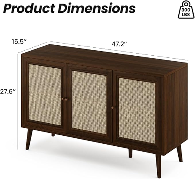 47.2" Buffet Cabinet with Storage Accent Sideboard, Modern Kitchen Cabinet with Rattan Doors, Wood Coffee Bar Table Console for Kitchen Living Room Entryway, Walnut