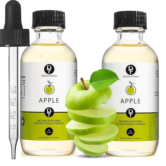 Dolce Flav Apple Extract 2 Ounce Oil-Soluble Kosher, Sugar-Free, Concentrated Crisp Apple Flavoring for Baking, Chocolates & Desserts, Includes Measured Dropper, Pack of 2