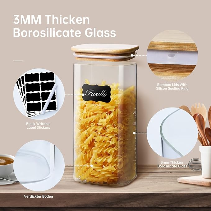 Square Glass Jars with Bamboo Lids 27 FL OZ [Set of 6], Glass Canisters with Airtight Lids, Glass Food Storage Containers for Coffee, Sugar, Tea, Candies, Cookies,Best for Kitchen & Pantry