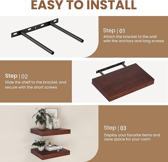 Fun Memories 9 Inch Deep Floating Shelves, Rustic Solid Wood Floating Shelf 16 Inch Long, 16 x 9 Wide Bathroom Shelves for Storage & Display, Red Brown