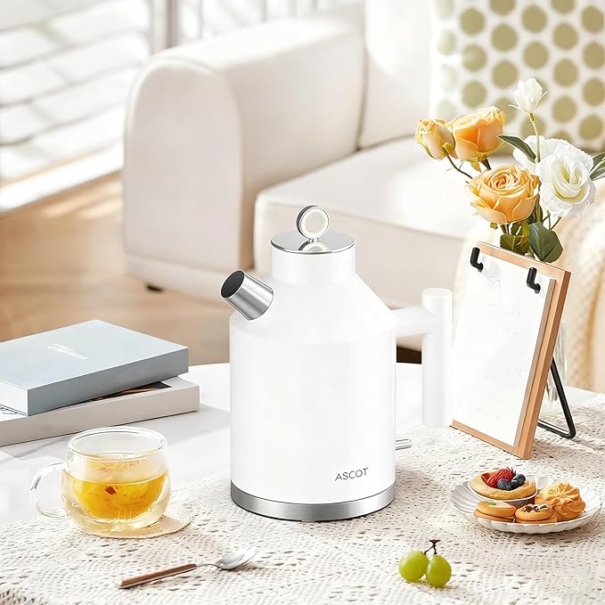 ASCOT Electric Kettle, Electric Tea Kettle 1.6L 1500W Retro Tea Heater & Boiling Water, Auto Shut-Off and Boil-Dry Protection (White)