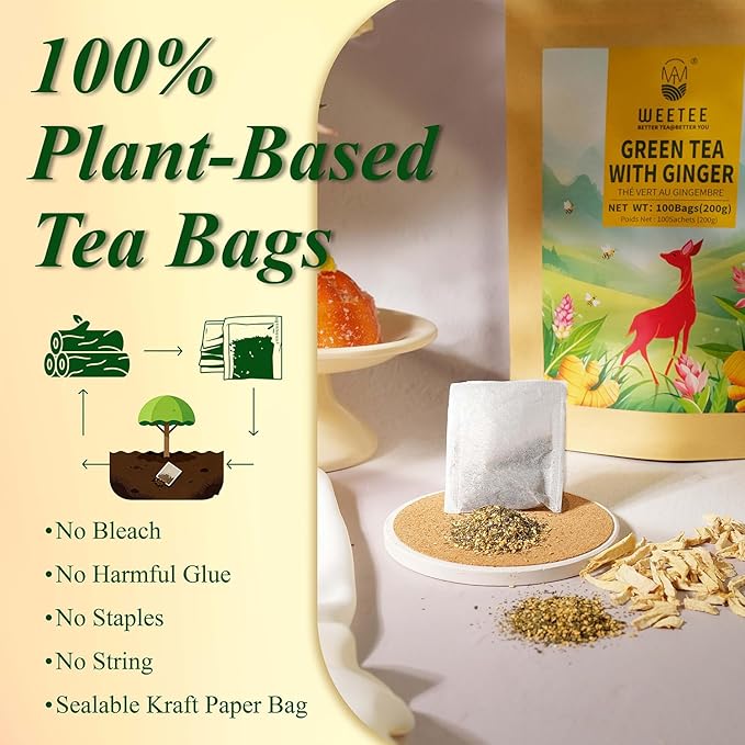 WT WEETEE Green Tea with Ginger, 100 Count Real Ginger & Premium Green Tea Bags | Warm & Strong, No Flavorings | Digestive Comfort & Light Energy