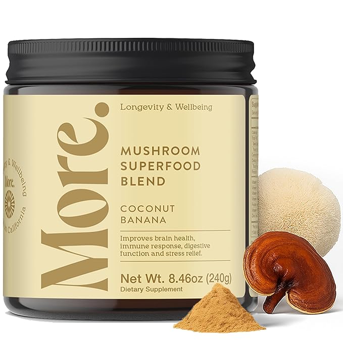 More. Longevity & Wellbeing Premium Mushroom Supplement Superfood with Natural Caffeine – 7 Functional Mushrooms with Lions Mane Supplement, Reishi, Chaga & Ashwagandha Extract , Instant Mushroom Supplement for Energy & Focus – Coconut Banana