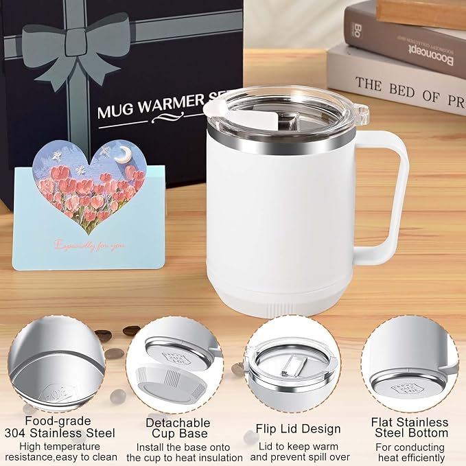 Waipfaru Coffee Mug Warmer & Mug Set for Desk, Heated Coffee Cup Warmer with Auto Shut Off, Electric Self Heating Mug & 3 Temperature Control Smart Mug for Office, Home and Travel, White