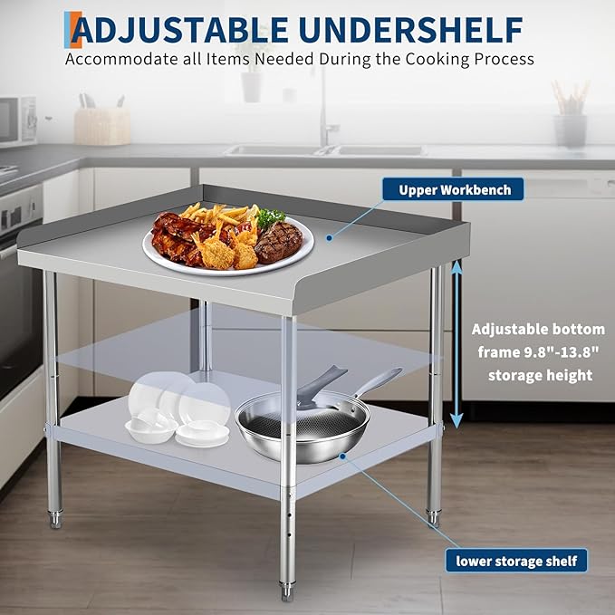 48x28x30 in Stainless Steel Equipment Grill Stand Table 400 LBS Capacity NSF Certified with Adjustable Legs, 2 in Edge Baffle, for Hotel, Home, Commercial Restaurant Kitchen