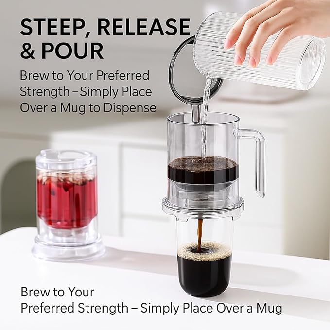 RUIYUE Pour-Over & Immersion Coffee Dripper & Maker, Stop-Valve 17oz Steep-and-Release Brewer, 304 Stainless Steel Mesh Filter, Insulated Handle, Fits Mugs ≤3.5" Rim, BPA-Free (Transparent)