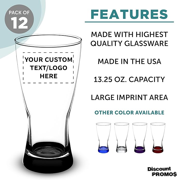 Custom Pilsner Glasses 13.25 oz. Set of 12, Personalized Bulk Pack - Made in the USA, Perfect for Hotels, Restaurants, Bars and Even Party Favors - Black