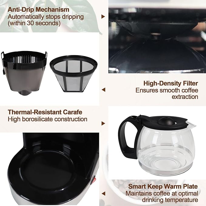 10 Cup Drip Coffee Maker One-Touch Anti-Drip Coffee Machine with Reusable Filter Carafe Auto Keep Warm Plate Spoon Coffee Pot Suitable for Home Use 110V