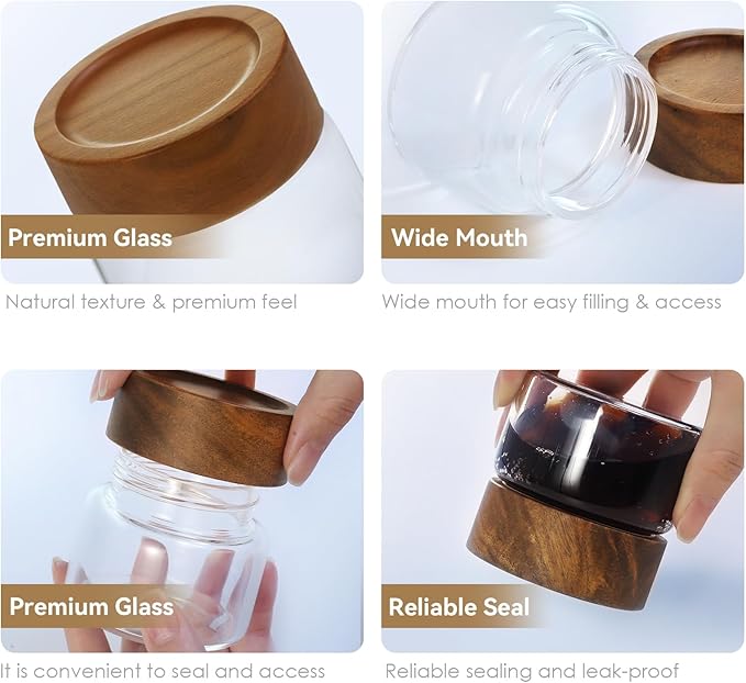 2-Pack 4 oz Leakproof Mason Jars with Airtight Acacia Wood Lids - Small Glass Food Storage Containers for Overnight Oats, Spices, Snacks, Kitchen Pantry Organization