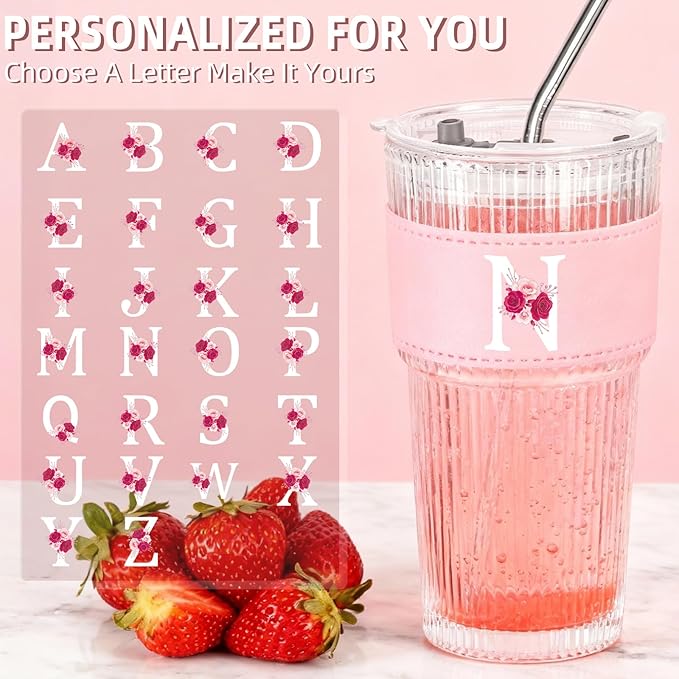 Personalized Gifts for Women,20oz Ribbed Glass Tumbler,Monogrammed Gifts for Women,Birthday Gift,Ice Coffee Mug,Christmas Gift for Mom Sister-N