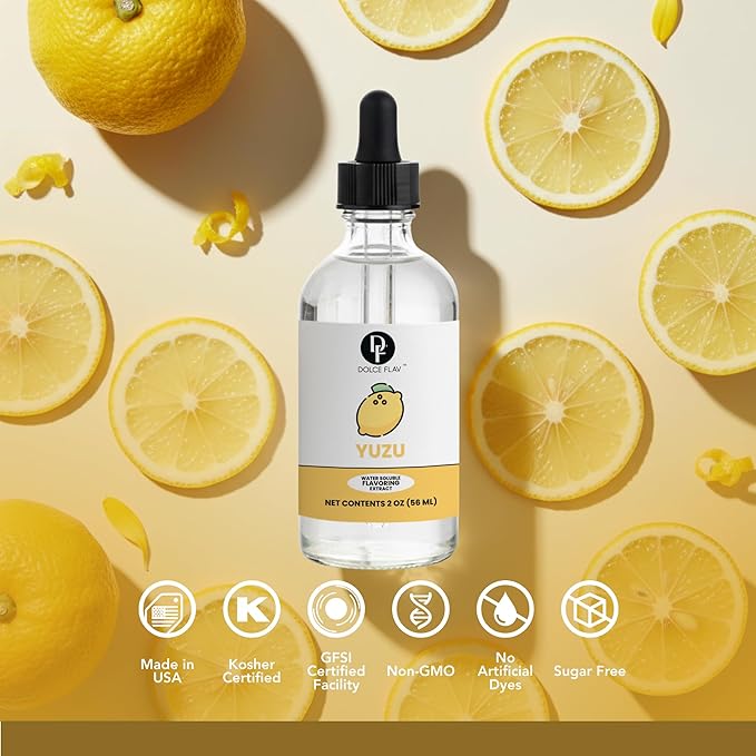 Dolce Flav Natural Yuzu Flavoring – Bright, Citrusy Japanese Lemon-Grapefruit Taste | 2 oz Extract for Baking, Beverages & Desserts | Graduated Dropper Included | Water-Soluble & Kosher | Made in USA