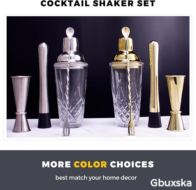 Cocktail Shaker Set - Glass Mixed Drink Shakers Cocktail Set, Martini Shaker with Strainer for Bars, Whiskey, Cocktails (Silver Set)
