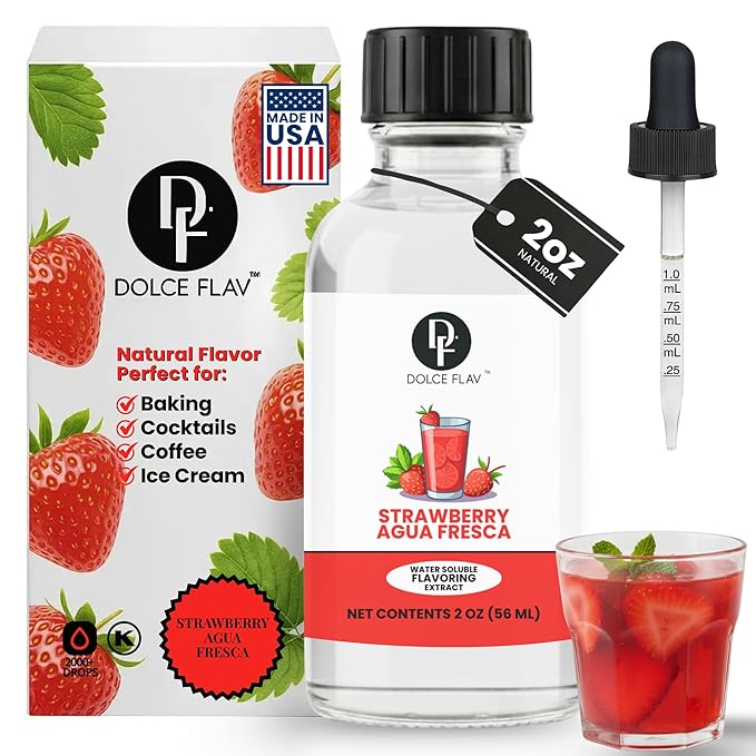 Dolce Flav Natural Strawberry Agua Fresca Extract, Water-Soluble – 2 oz | Fresh Sweet Strawberry Flavoring for Beverages, Desserts & Syrups – Sugar-Free, Kosher, Allergen-Free