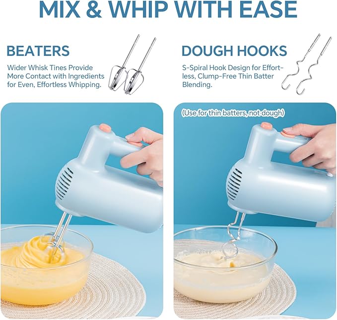 Hand Mixer Electric, 5-Speed Kitchen Mixer Handheld Mixer with Turbo Ultra Power, 4 Stainless Steel Accessories for Whipping Mixing Cake Egg Cream, Small Blue Baking Mixers, Christmas Gifts for Women