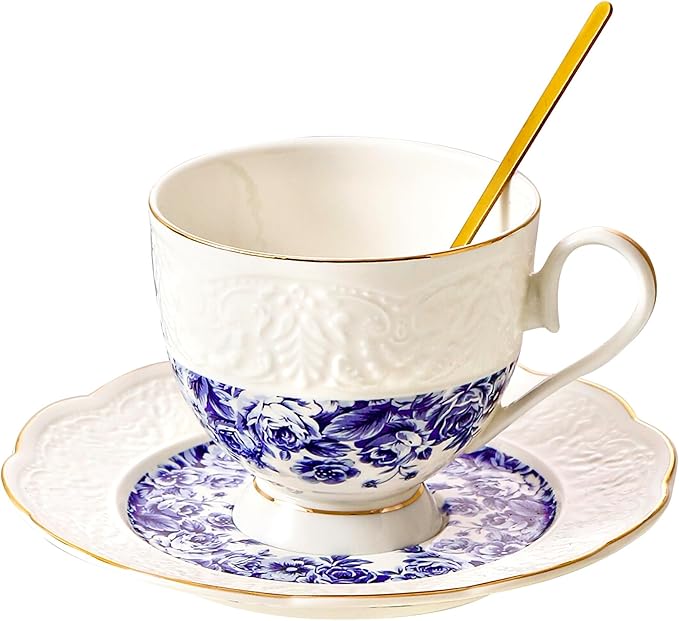 TATSUMI Interglio Embossed Bone China Tea Cup and Saucer Set, 3 Pieces Vintage Style Coffee Cup & Saucer Set For Women Wedding Gift (Starry Sky Rose, 1 set)
